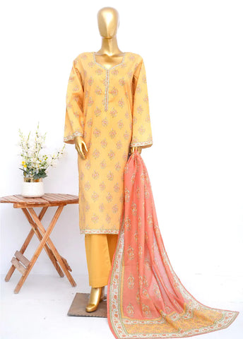 3 Piece Printed Stitched Yellow Color Lawn Shirt with Trouser & Dupatta