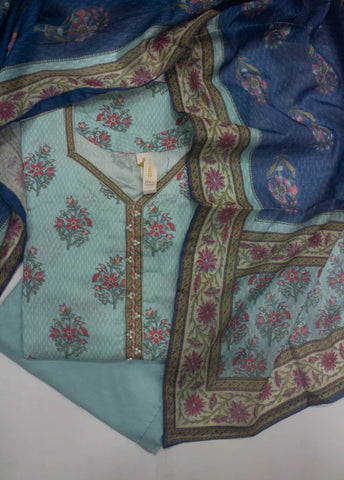 3 Piece Printed Stitched Blue Color Lawn Shirt with Trouser & Dupatta