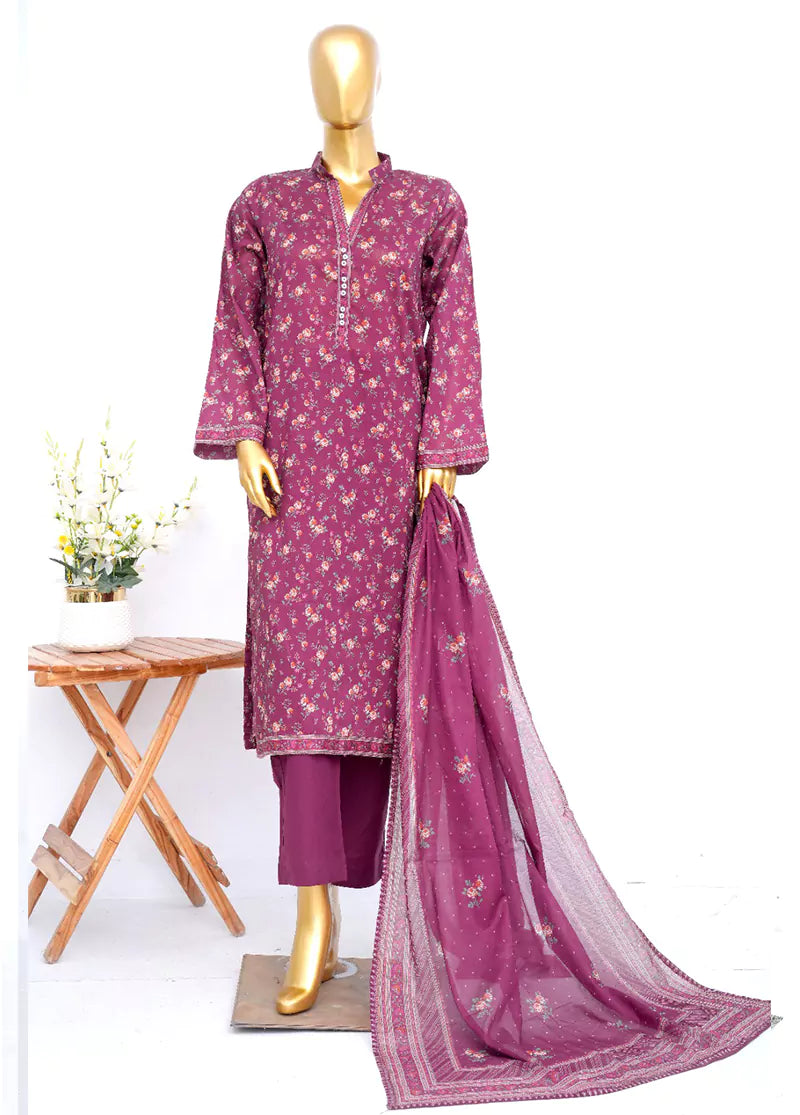 3 Piece Printed Stitched Margenta Color Lawn Shirt with Trouser & Dupatta