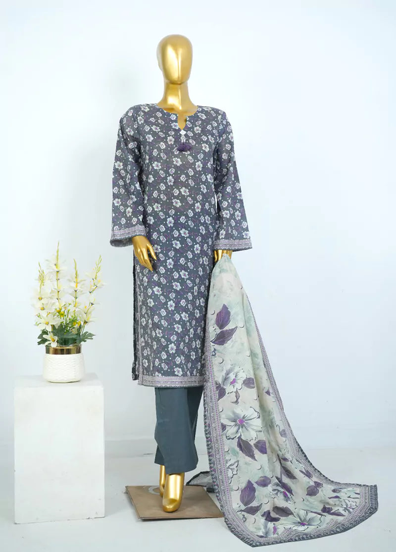 3 Piece Printed Stitched Grey Color Lawn Shirt with Trouser & Dupatta