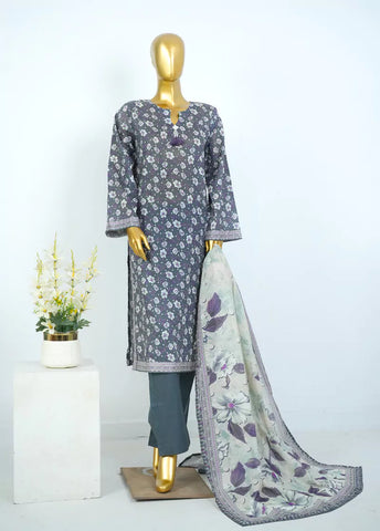 3 Piece Printed Stitched Grey Color Lawn Shirt with Trouser & Dupatta
