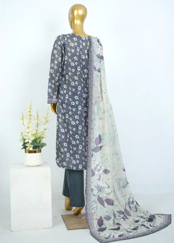 3 Piece Printed Stitched Grey Color Lawn Shirt with Trouser & Dupatta