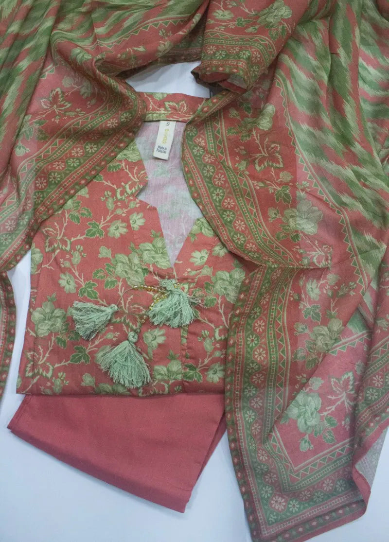 3 Piece Printed Stitched Peach Color Lawn Shirt with Trouser & Dupatta