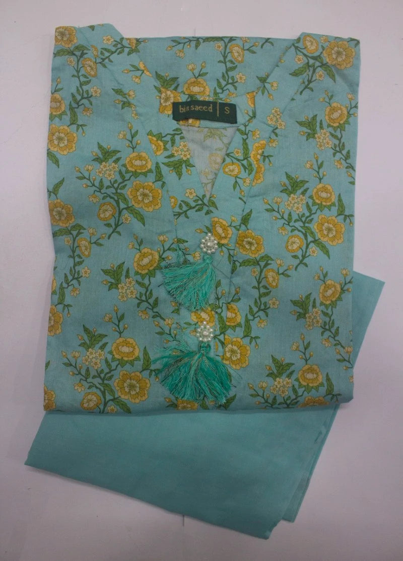 2 Piece Printed Stitched Turquoise Color Lawn Shirt and Farshi Shalwar