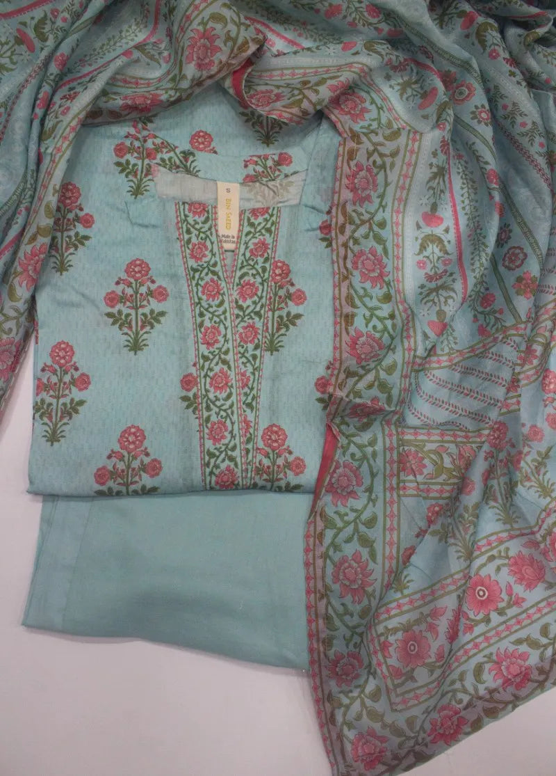 3 Piece Printed Stitched Pastel Blue Color Lawn Shirt with Trouser & Dupatta \