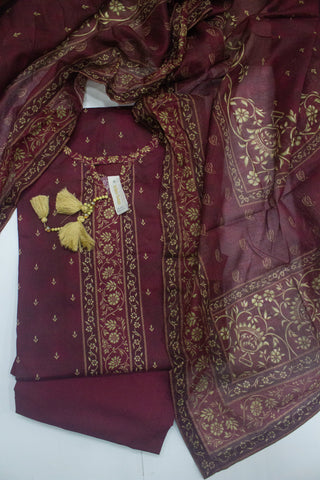 3 Piece Printed Stitched Maroon Color Lawn Shirt with Trouser & Dupatta