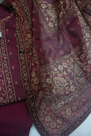 3 Piece Printed Stitched Maroon Color Lawn Shirt with Trouser & Dupatta