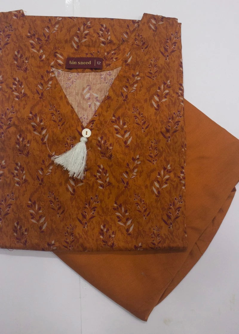 2 Piece Printed Stitched Honey Orange Color Lawn Shirt and Farshi Shalwar