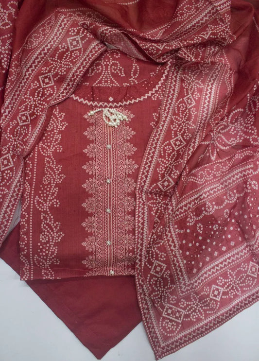 3 Piece Printed Stitched Red Color Lawn Shirt with Trouser & Dupatta