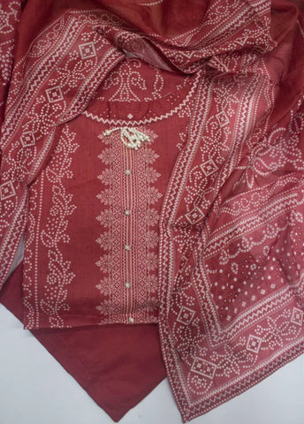 3 Piece Printed Stitched Red Color Lawn Shirt with Trouser & Dupatta