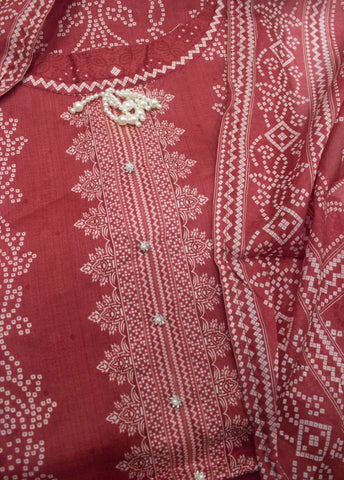 3 Piece Printed Stitched Red Color Lawn Shirt with Trouser & Dupatta