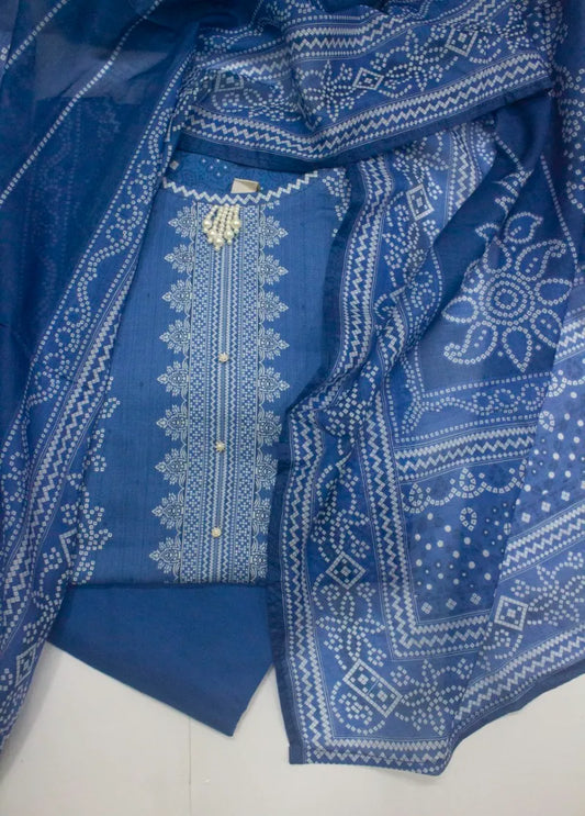 3 Piece Printed Stitched Ink Blue Color Lawn Shirt with Trouser & Dupatta