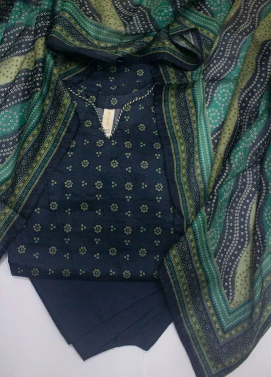 3 Piece Printed Stitched Navy Blue Color Lawn Shirt with Trouser & Dupatta