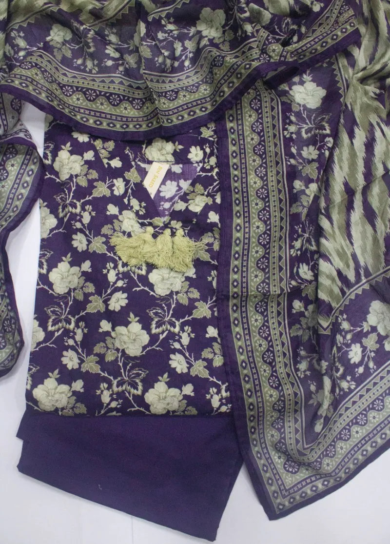 3 Piece Printed Stitched Purple Color Lawn Shirt with Trouser & Dupatta