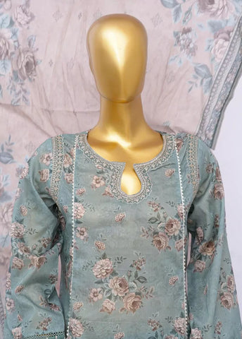 3 Piece Embroidred Stitched Ice Blue Color Cotton Frock with Plazzo & Dupatta