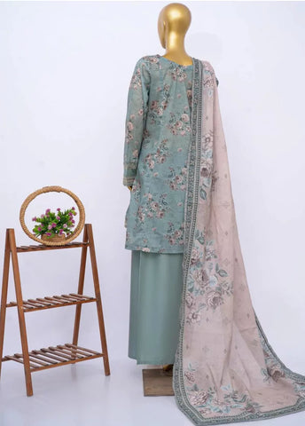 3 Piece Embroidred Stitched Ice Blue Color Cotton Frock with Plazzo & Dupatta