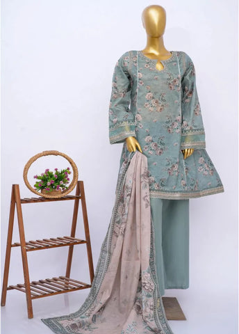 3 Piece Embroidred Stitched Ice Blue Color Cotton Frock with Plazzo & Dupatta