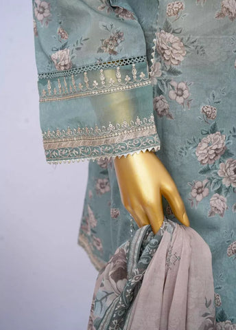 3 Piece Embroidred Stitched Ice Blue Color Cotton Frock with Plazzo & Dupatta