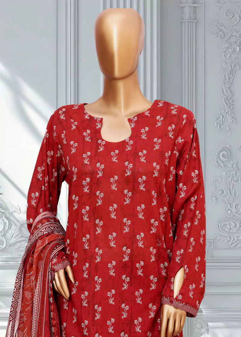 3 Piece Printed Red Color Lawn Shirt with Trouser & Dupatta