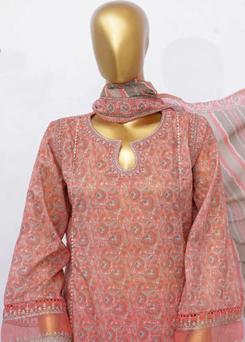 3 Piece Embroidred Stitched Punch Pink Color Cotton Frock with Plazzo & Dupatta