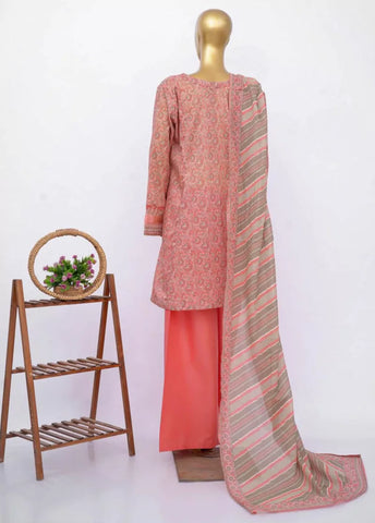 3 Piece Embroidred Stitched Punch Pink Color Cotton Frock with Plazzo & Dupatta
