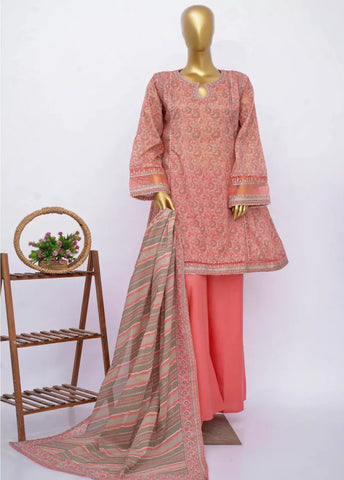 3 Piece Embroidred Stitched Punch Pink Color Cotton Frock with Plazzo & Dupatta