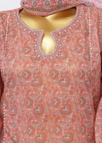 3 Piece Embroidred Stitched Punch Pink Color Cotton Frock with Plazzo & Dupatta