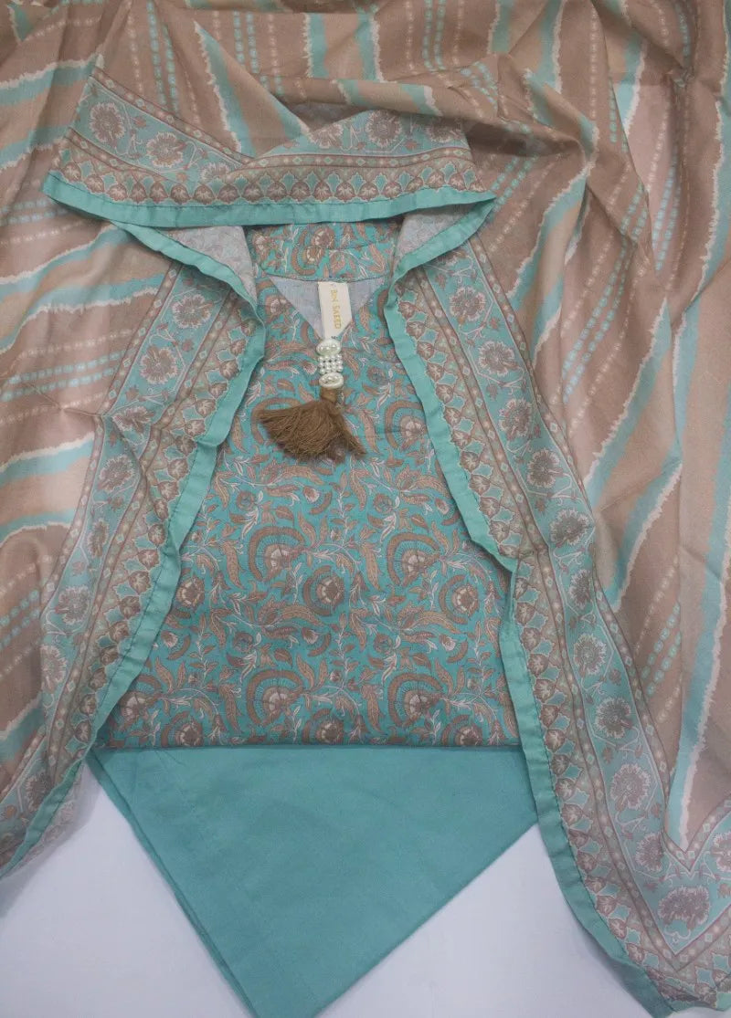 3 Piece Printed Stitched Blue Color Lawn Shirt with Trouser & Dupatta