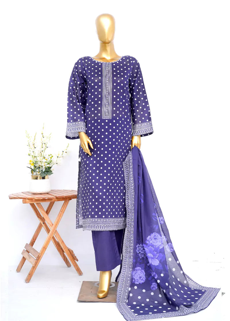 3 Piece Printed Stitched Purple Color Lawn Shirt with Trouser & Dupatta