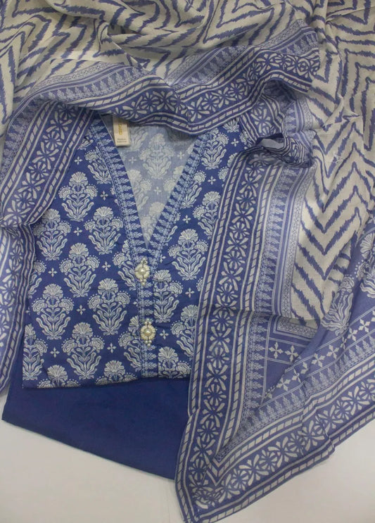 3 Piece Printed Stitched Navy Blue Color Lawn Shirt with Trouser & Dupatta