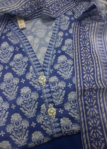3 Piece Printed Stitched Navy Blue Color Lawn Shirt with Trouser & Dupatta