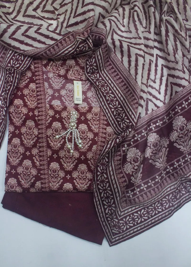 3 Piece Printed Stitched Maroon Color Lawn Shirt with Trouser & Dupatta