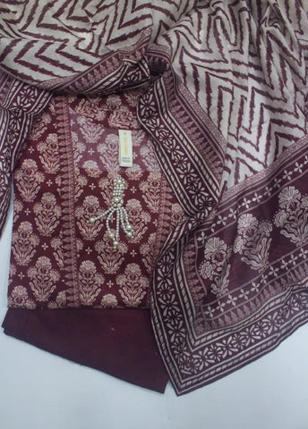 3 Piece Printed Stitched Maroon Color Lawn Shirt with Trouser & Dupatta