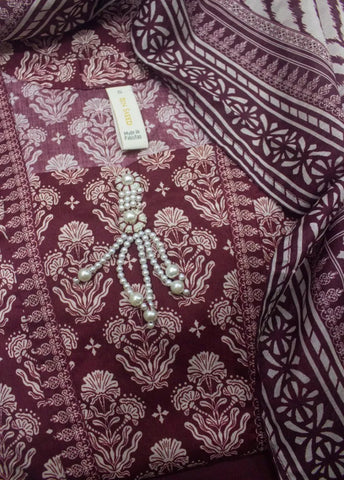 3 Piece Printed Stitched Maroon Color Lawn Shirt with Trouser & Dupatta