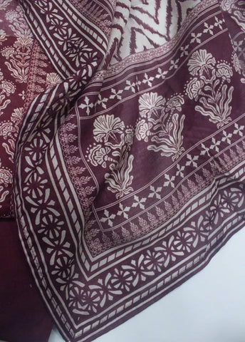 3 Piece Printed Stitched Maroon Color Lawn Shirt with Trouser & Dupatta