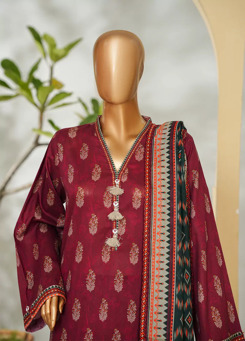 3 Piece Printed Maroon Color Lawn Shirt with Trouser & Dupatta