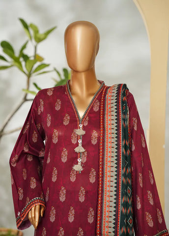 3 Piece Printed Maroon Color Lawn Shirt with Trouser & Dupatta