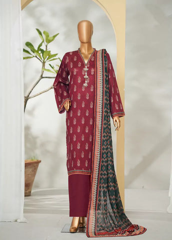 3 Piece Printed Maroon Color Lawn Shirt with Trouser & Dupatta