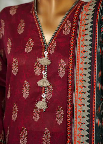 3 Piece Printed Maroon Color Lawn Shirt with Trouser & Dupatta