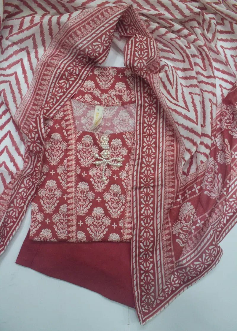 3 Piece Printed Stitched Red Color Lawn Shirt with Trouser & Dupatta