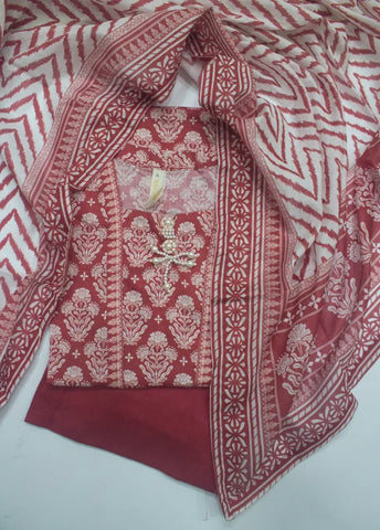 3 Piece Printed Stitched Red Color Lawn Shirt with Trouser & Dupatta