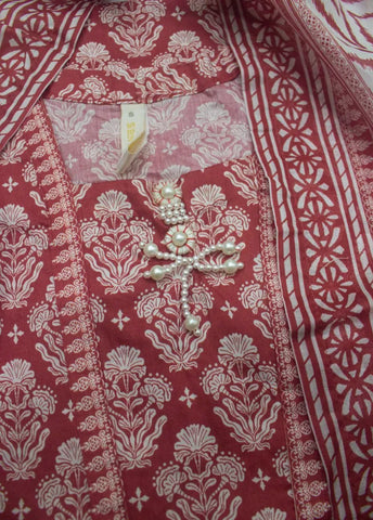 3 Piece Printed Stitched Red Color Lawn Shirt with Trouser & Dupatta