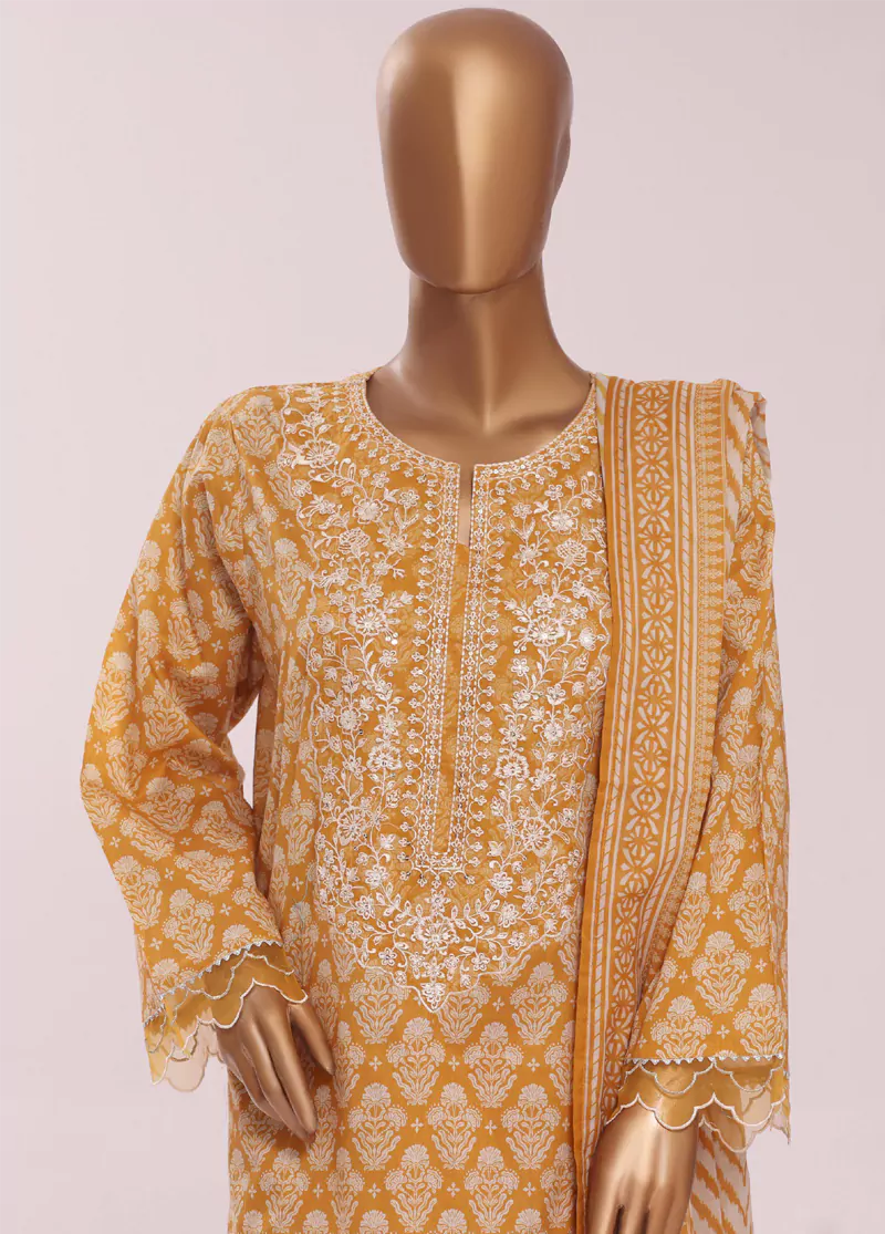 3 Piece Embroidred Stitched Honey Orange Color Cotton Suit with Trouser & Dupatta