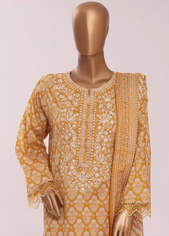 3 Piece Embroidred Stitched Honey Orange Color Cotton Suit with Trouser & Dupatta