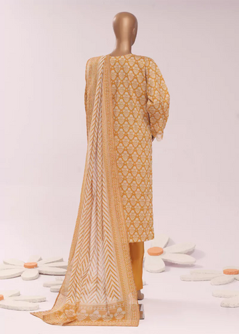 3 Piece Embroidred Stitched Honey Orange Color Cotton Suit with Trouser & Dupatta
