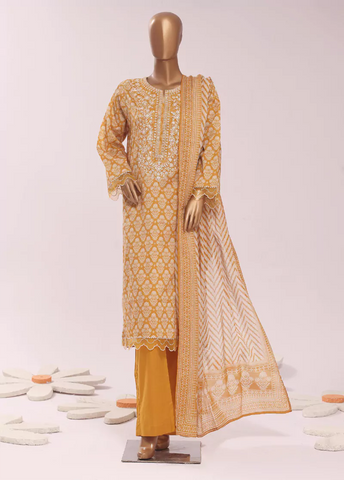 3 Piece Embroidred Stitched Honey Orange Color Cotton Suit with Trouser & Dupatta
