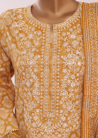 3 Piece Embroidred Stitched Honey Orange Color Cotton Suit with Trouser & Dupatta
