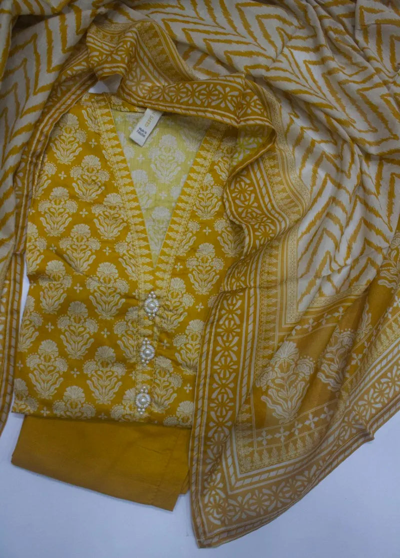 3 Piece Printed Stitched Yellow Color Lawn Shirt with Trouser & Dupatta