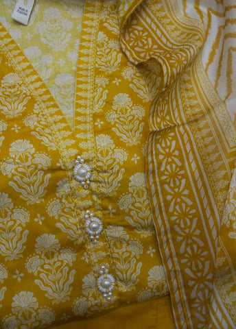 3 Piece Printed Stitched Yellow Color Lawn Shirt with Trouser & Dupatta