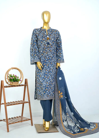 3 Piece Printed Stitched Navy Blue Color Lawn Shirt with Trouser & Dupatta